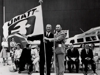Max Conrad and Joe Fabick. St. Louis Lambert International Airport, May 25, 1965.